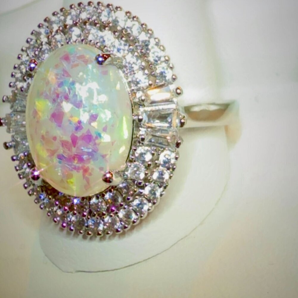 Opal Cocktail Ring With CZ Halo Rhodium Size 6 - Picture 2 of 10
